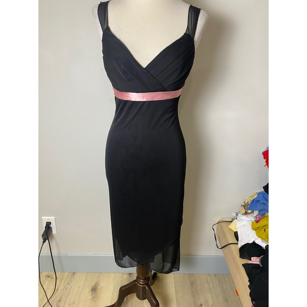 Ruby Rox Black Midi Dress Pink Ribbon Waist Pleated V-Neck Mesh Hem Small